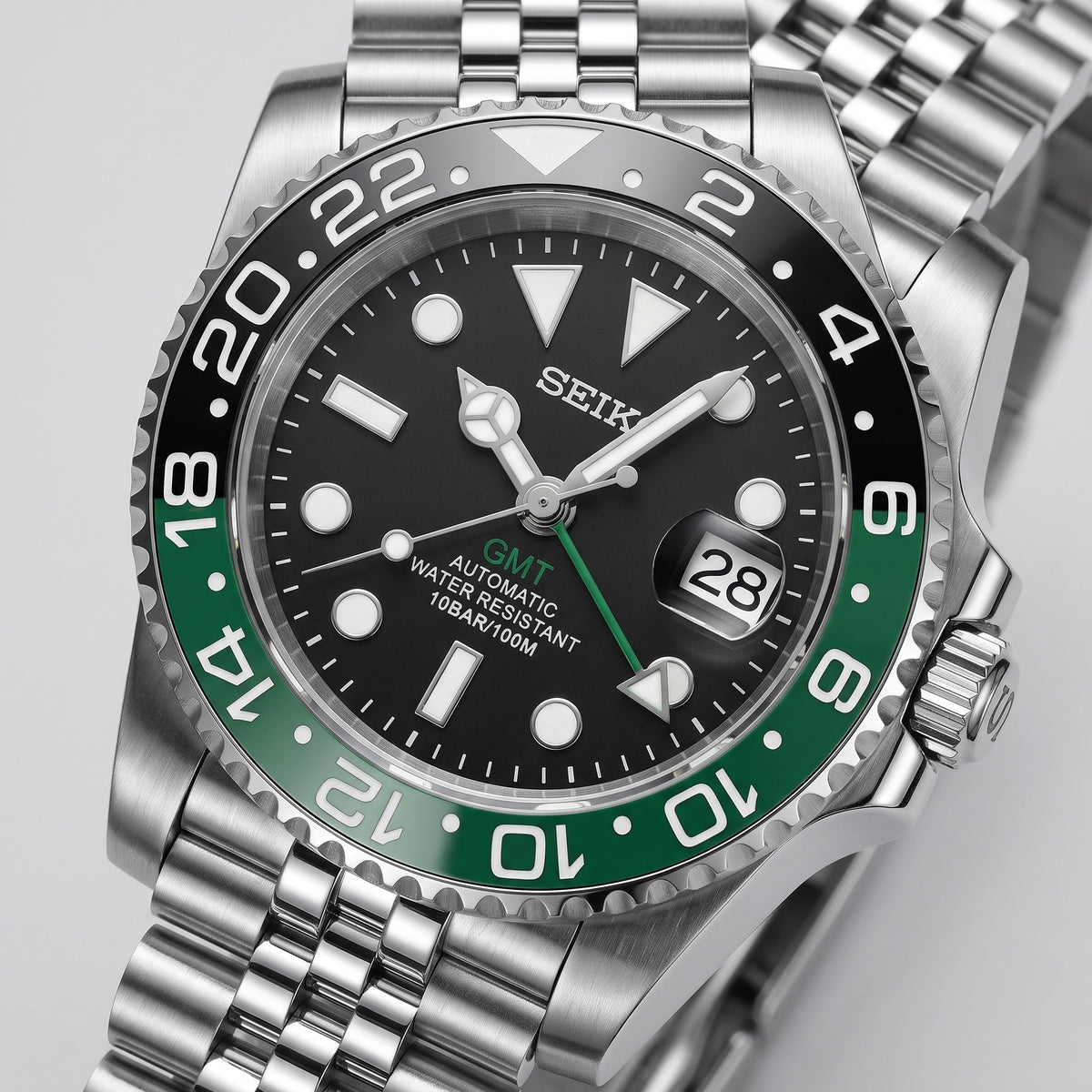 GMT Mod – Steel · Green-Black Bezel – 40mm – Automatic GMT – dial detail