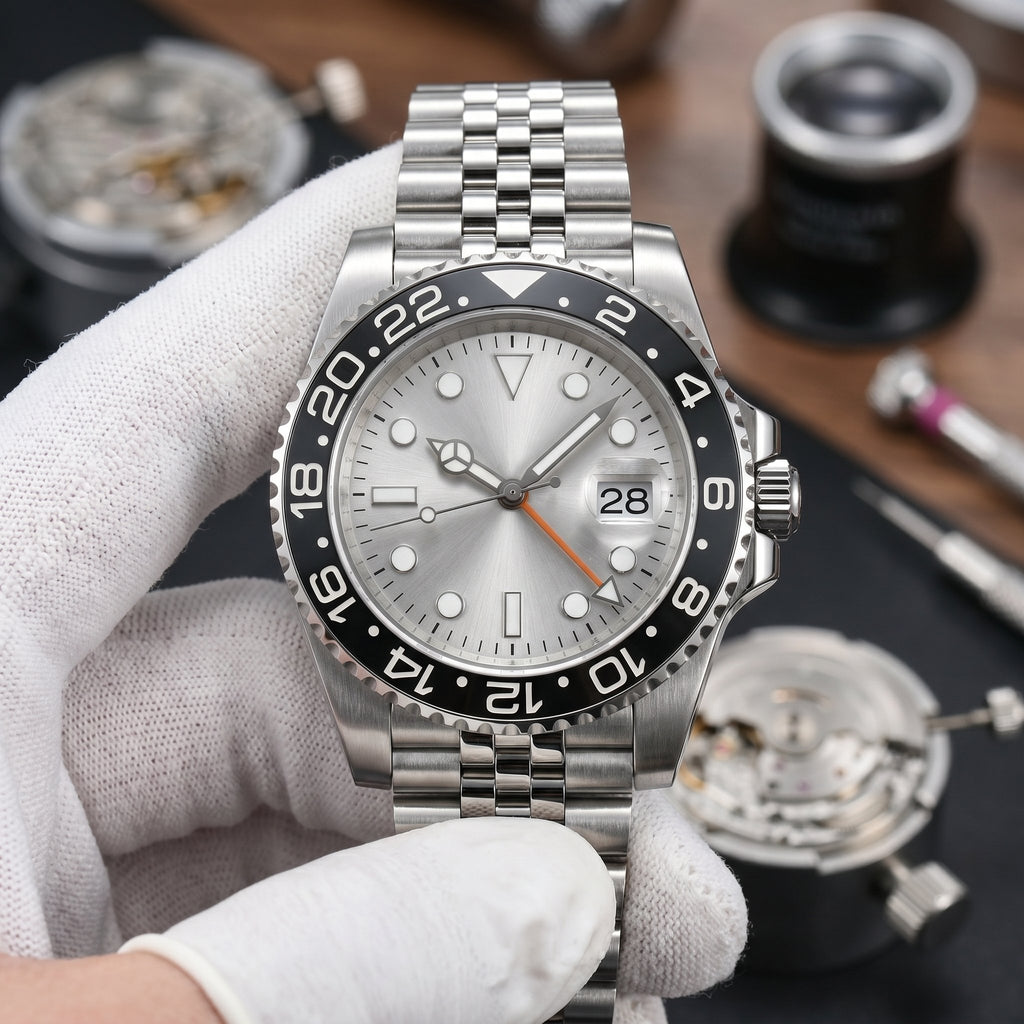 GMT Mod – Steel · Grey Bezel · Silver Dial – 40mm – Automatic GMT - close-up detail