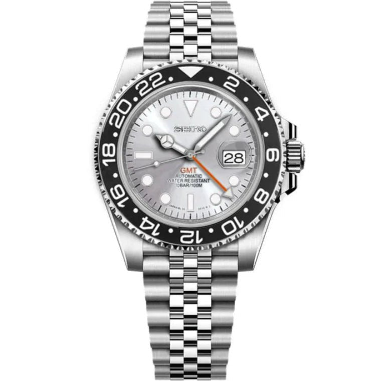 GMT Mod – Steel · Grey Bezel · Silver Dial – 40mm – Automatic GMT — with Seiko logo