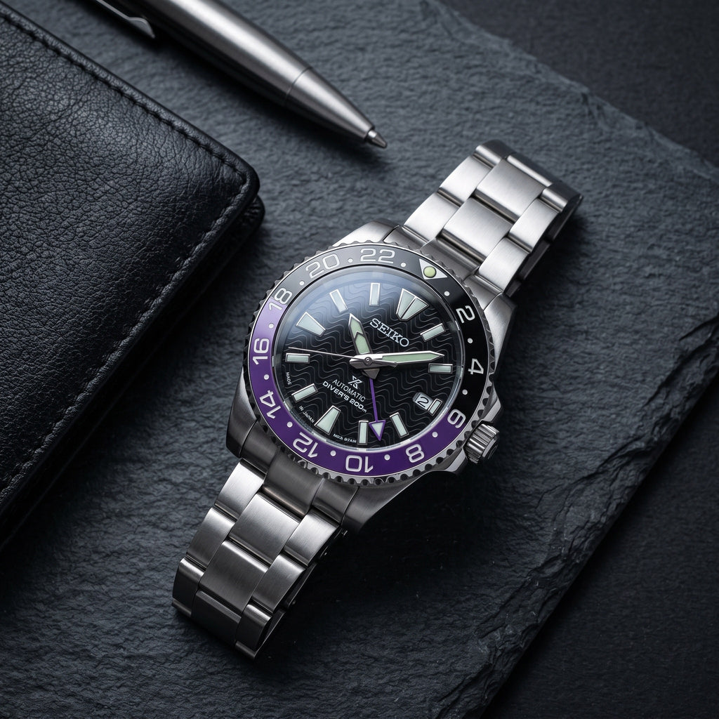 GMT Mod – Steel · Purple-Black Bezel – 40mm – Automatic GMT – lifestyle flat lay
