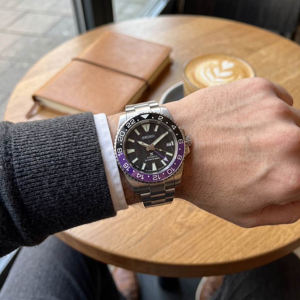 GMT Mod – Steel · Purple-Black Bezel – 40mm – Automatic GMT – on-wrist view