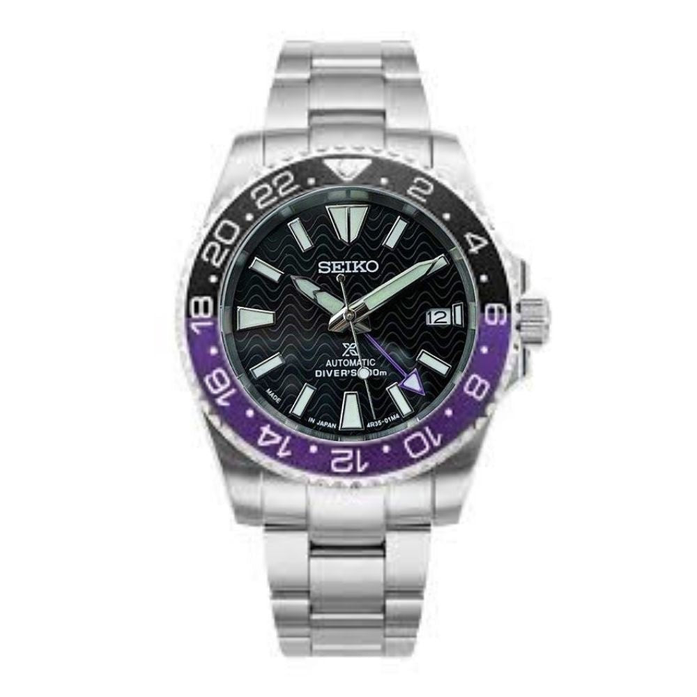 GMT Mod – Steel · Purple-Black Bezel – 40mm – Automatic GMT — with Seiko logo