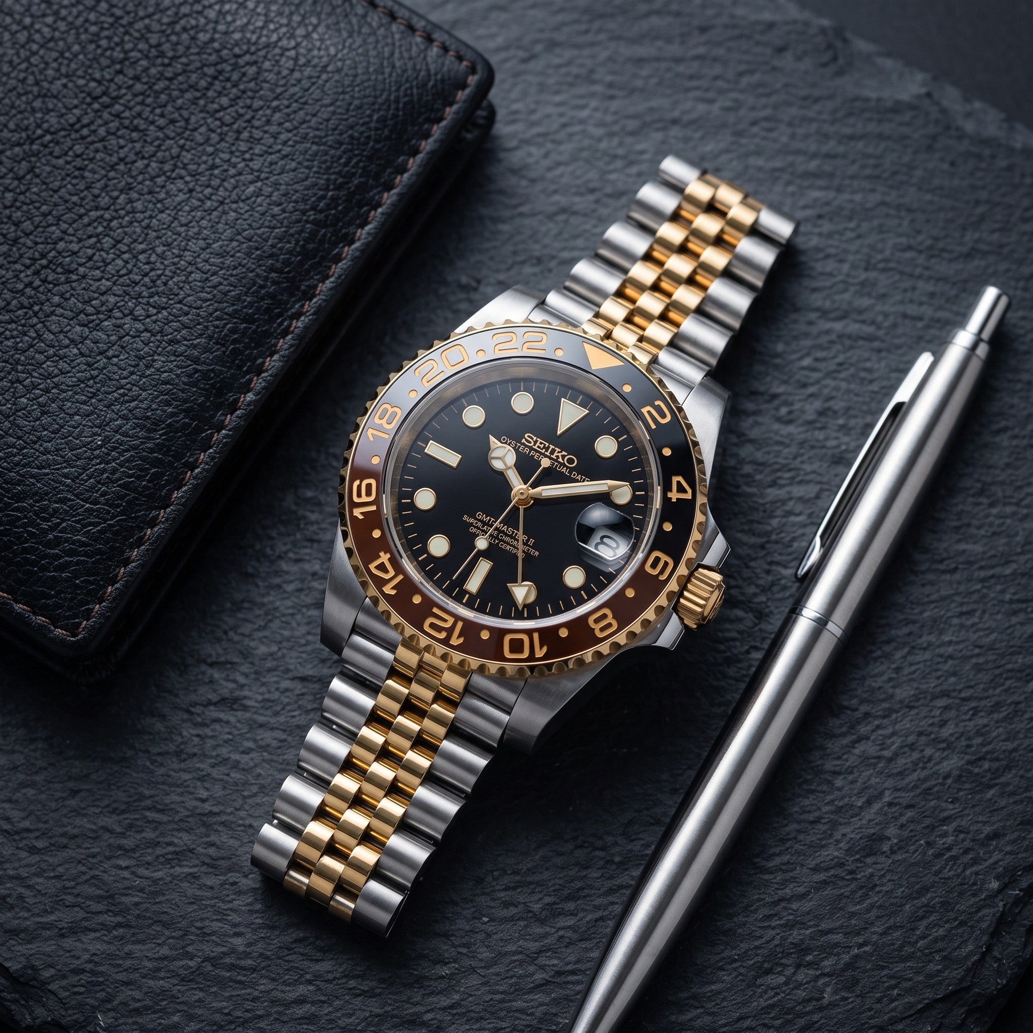 GMT Mod – Two-Tone Gold · Black-Brown Bezel · Jubilee – 40mm – Automatic GMT – lifestyle flat lay