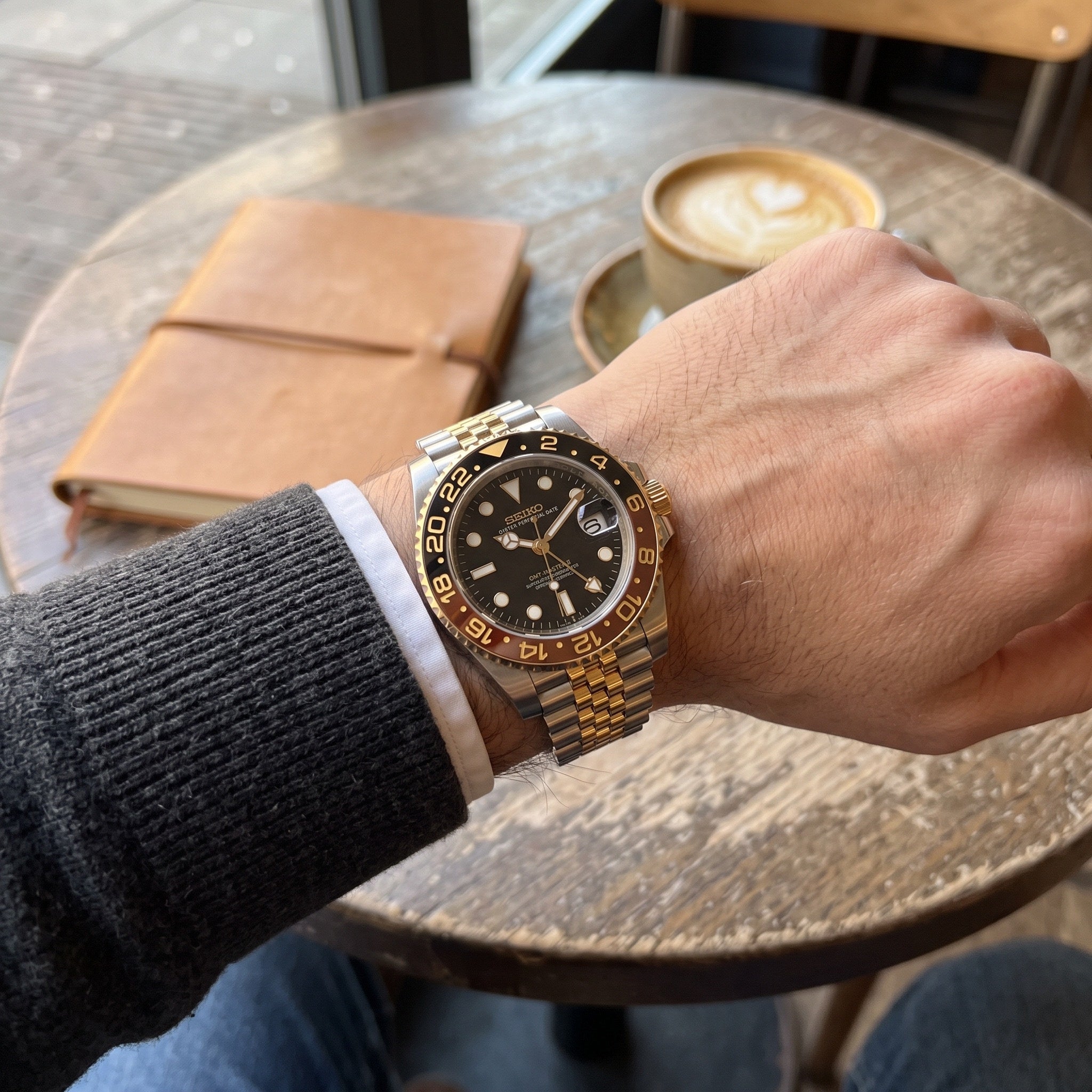 GMT Mod – Two-Tone Gold · Black-Brown Bezel · Jubilee – 40mm – Automatic GMT – on-wrist view