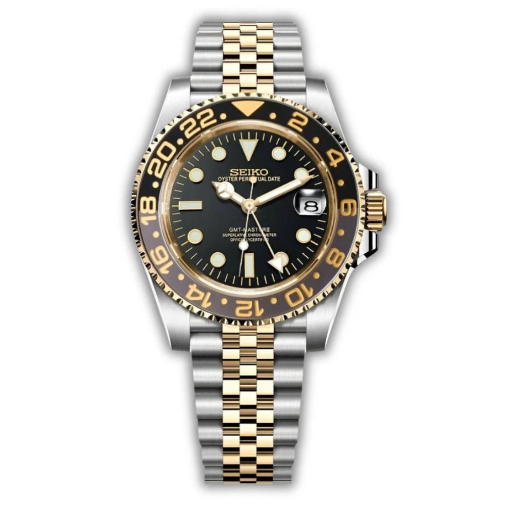 GMT Mod – Two-Tone Gold · Brown-Black Bezel – 40mm – Automatic GMT — with Seiko logo