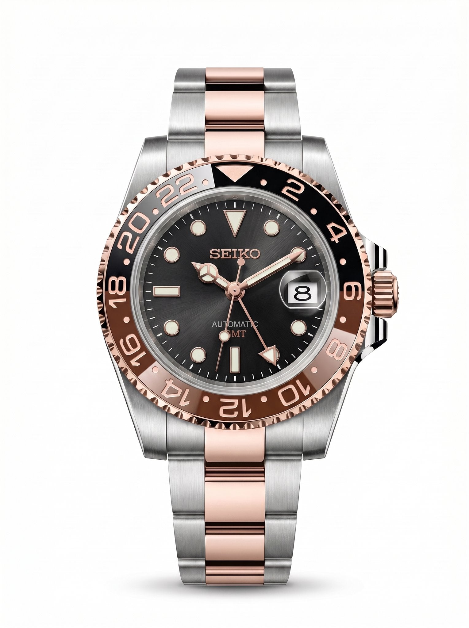 GMT Mod – Two-Tone Rose Gold · Brown-Black Bezel – 40mm – Automatic GMT — with Seiko logo