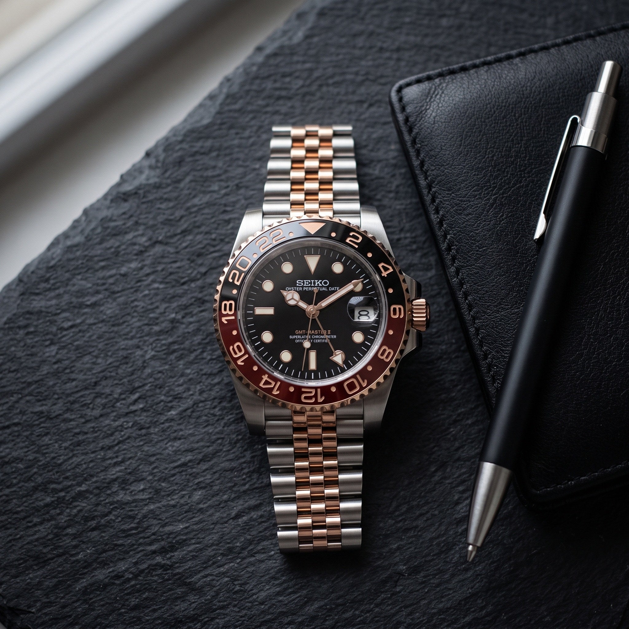 GMT Mod – Two-Tone Rose Gold · Red-Black Bezel – 40mm – Automatic GMT – lifestyle flat lay