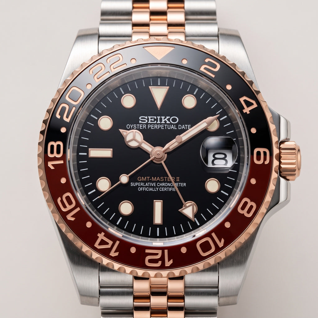 GMT Mod – Two-Tone Rose Gold · Red-Black Bezel – 40mm – Automatic GMT – dial detail