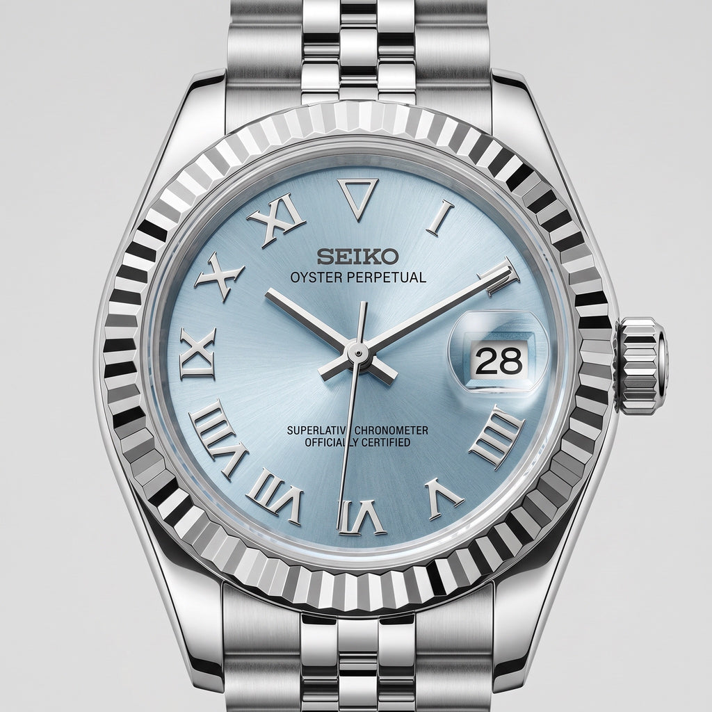 Lady Mod – Steel · Ice-Blue Roman Dial – 28mm – Automatic – dial detail