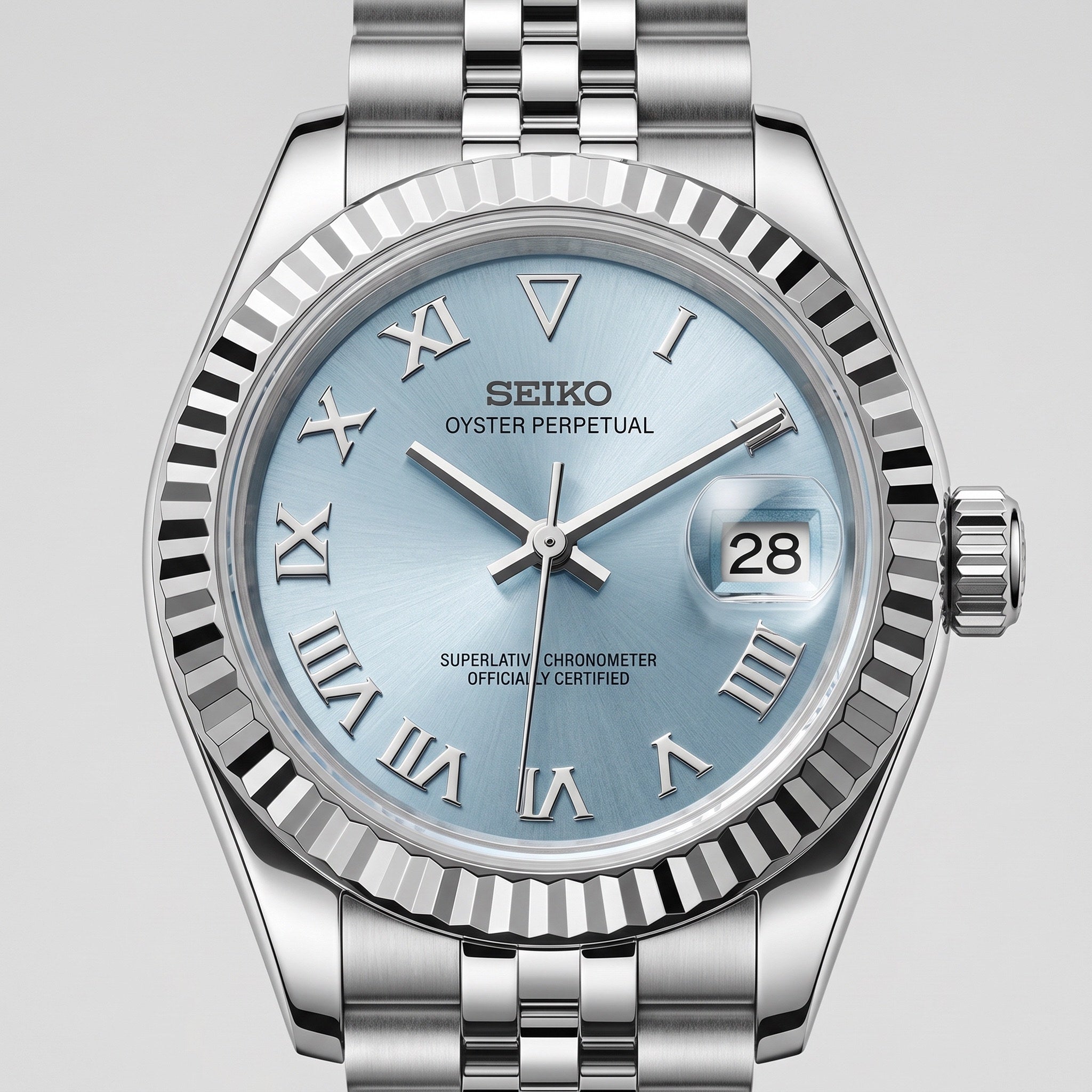 Lady Mod – Steel · Ice-Blue Roman Dial – 28mm – Automatic – dial detail