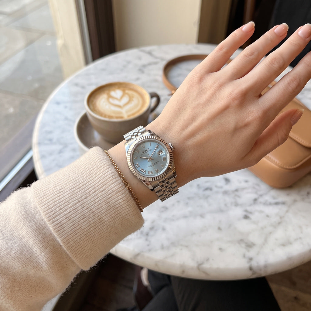 Lady Mod – Steel · Ice-Blue Roman Dial – 28mm – Automatic – on-wrist view