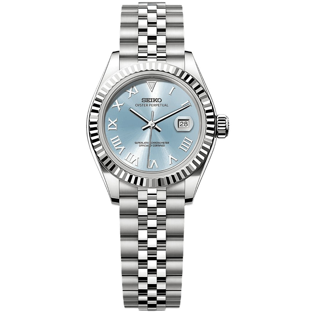 Lady Mod – Steel · Ice-Blue Roman Dial – 28mm – Automatic — with Seiko logo