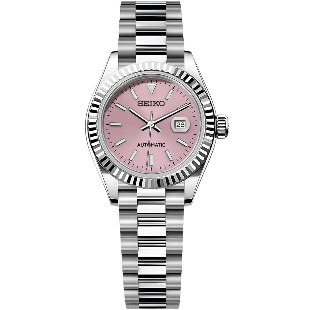 Lady Mod – Steel · Pink Dial · President – 28mm – Automatic — with Seiko logo