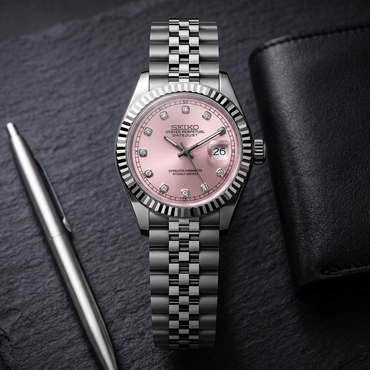 Lady Mod – Steel · Pink Diamond Dial – 28mm – Automatic – lifestyle flat lay