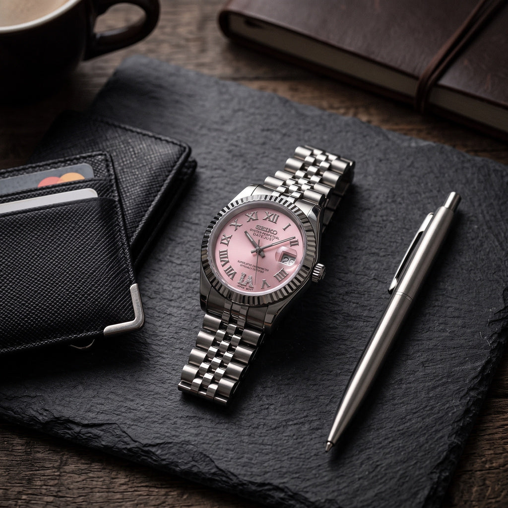 Lady Mod – Steel · Pink Roman Dial – 28mm – Automatic – lifestyle flat lay