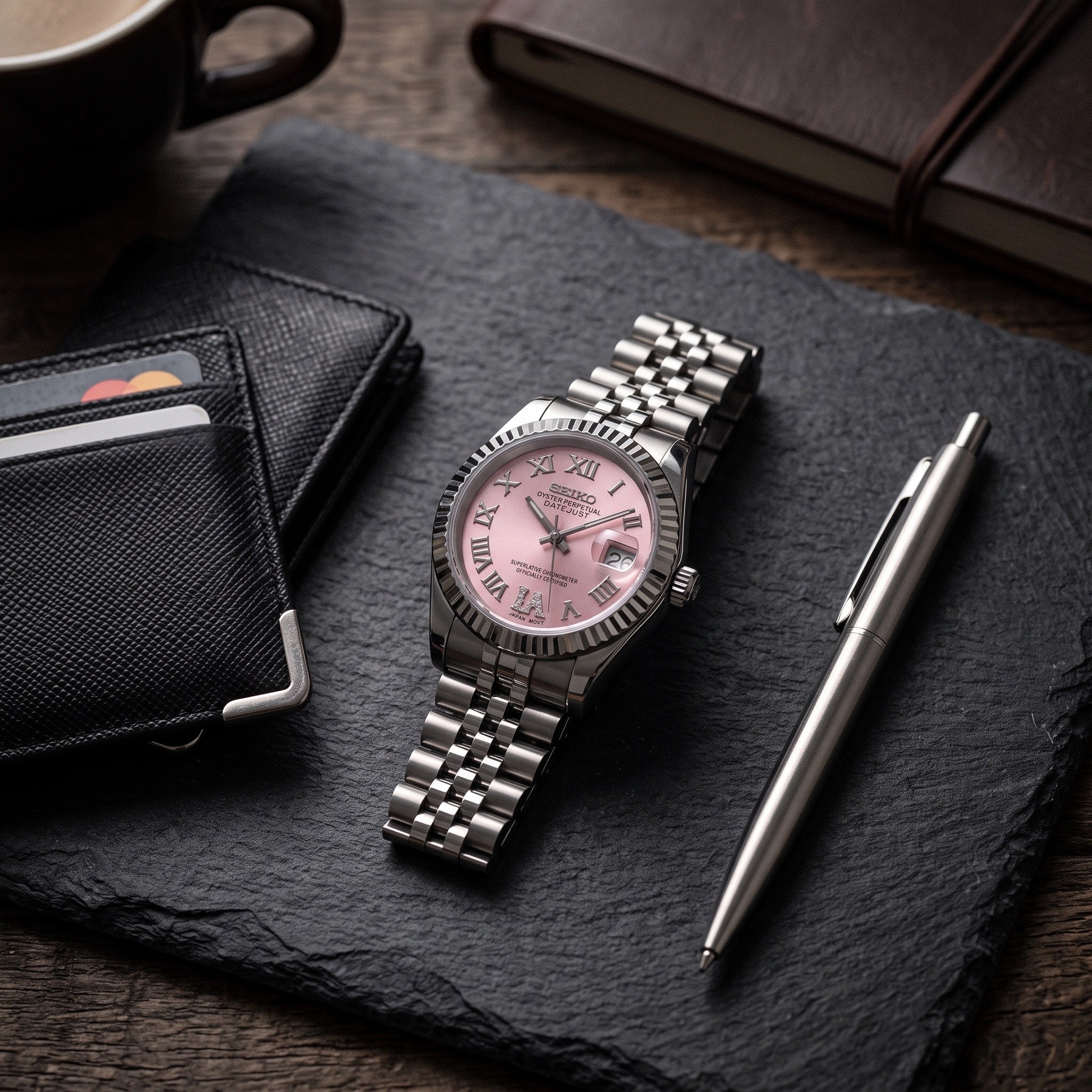Lady Mod – Steel · Pink Roman Dial – 28mm – Automatic – lifestyle flat lay