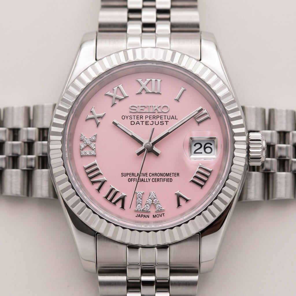 Lady Mod – Steel · Pink Roman Dial – 28mm – Automatic – dial detail