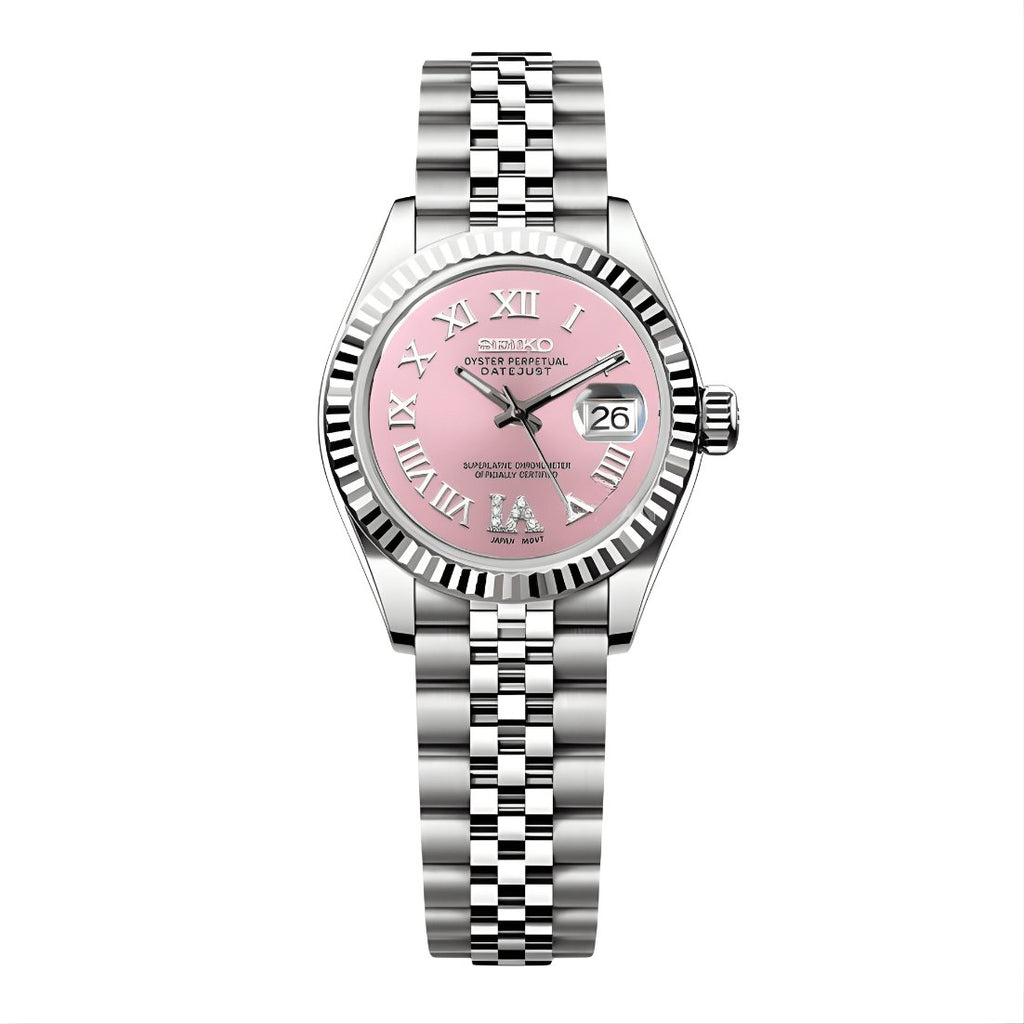 Lady Mod – Steel · Pink Roman Dial – 28mm – Automatic — with Seiko logo