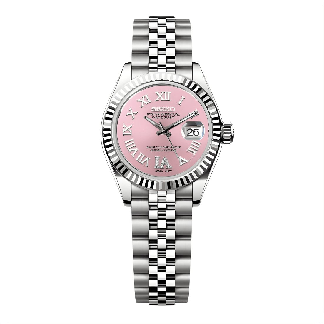 Lady Mod – Steel · Pink Roman Dial – 28mm – Automatic — with Seiko logo