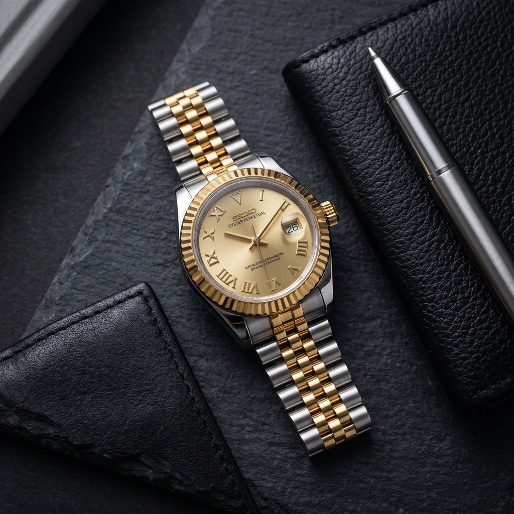 Lady Mod – Two-Tone Gold · Champagne Roman Dial – 28mm – Automatic – lifestyle flat lay