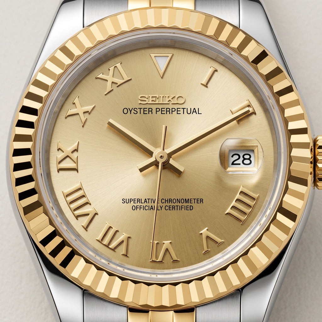 Lady Mod – Two-Tone Gold · Champagne Roman Dial – 28mm – Automatic – dial detail