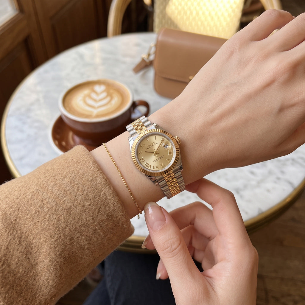 Lady Mod – Two-Tone Gold · Champagne Roman Dial – 28mm – Automatic – on-wrist view