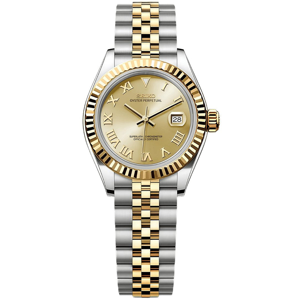Lady Mod – Two-Tone Gold · Champagne Roman Dial – 28mm – Automatic — with Seiko logo