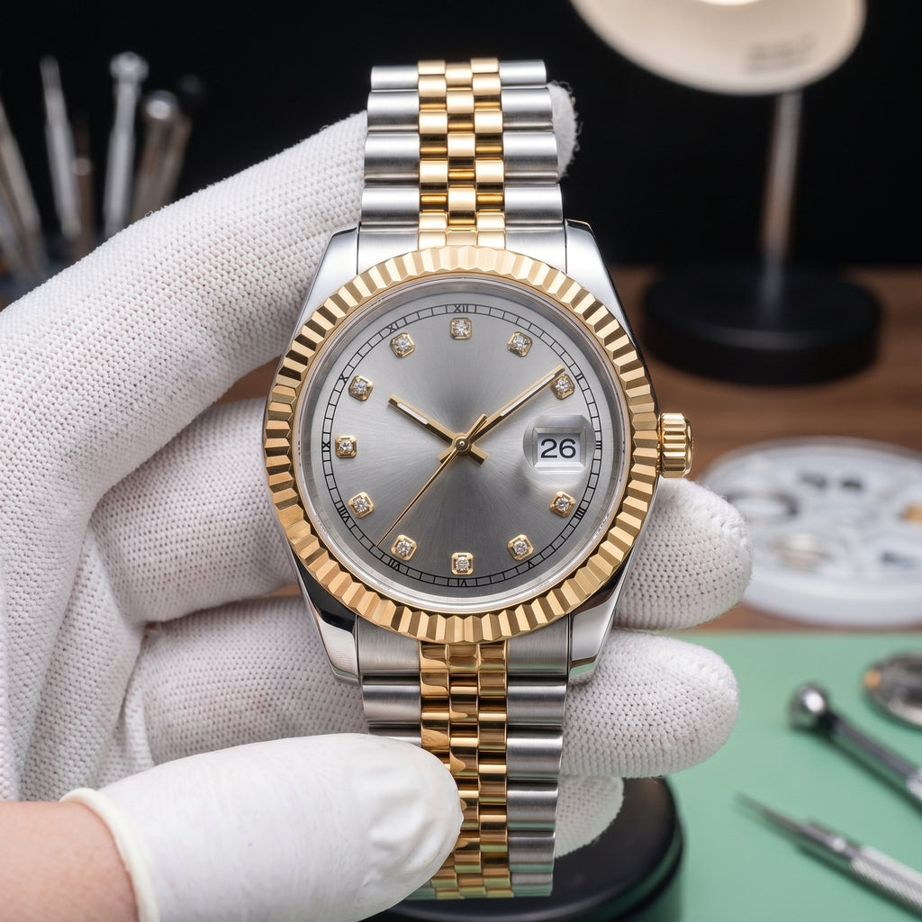 Lady Mod – Two-Tone Gold · Silver Diamond Dial – 28mm – Automatic - close-up detail