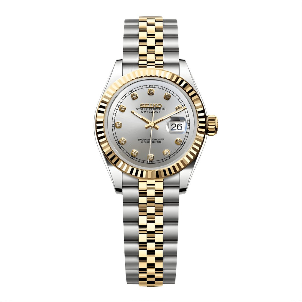 Lady Mod – Two-Tone Gold · Silver Diamond Dial – 28mm – Automatic — with Seiko logo