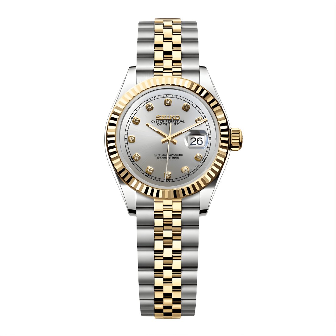 Lady Mod – Two-Tone Gold · Silver Diamond Dial – 28mm – Automatic — with Seiko logo