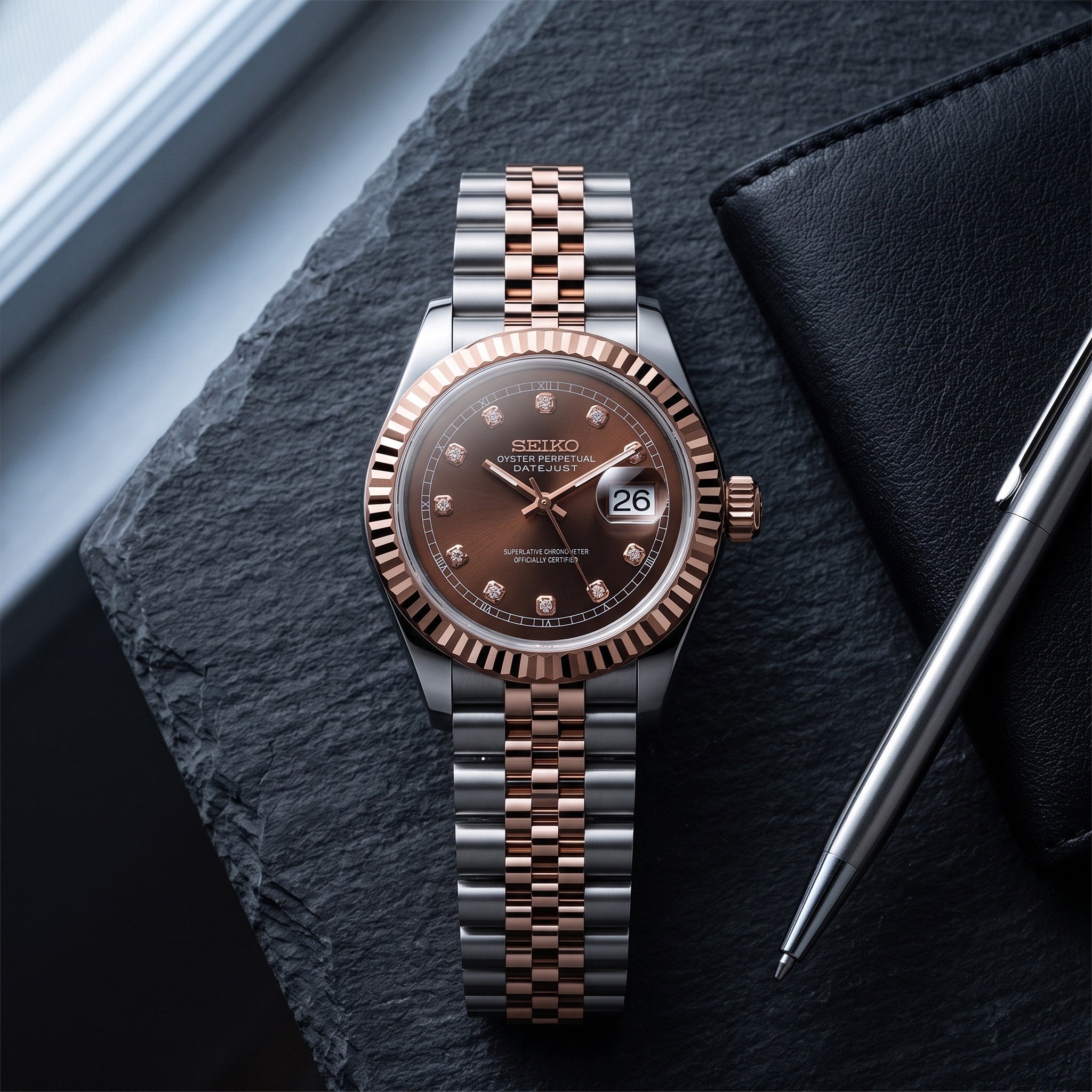 Lady Mod – Two-Tone Rose Gold · Brown Diamond Dial – 28mm – Automatic – lifestyle flat lay