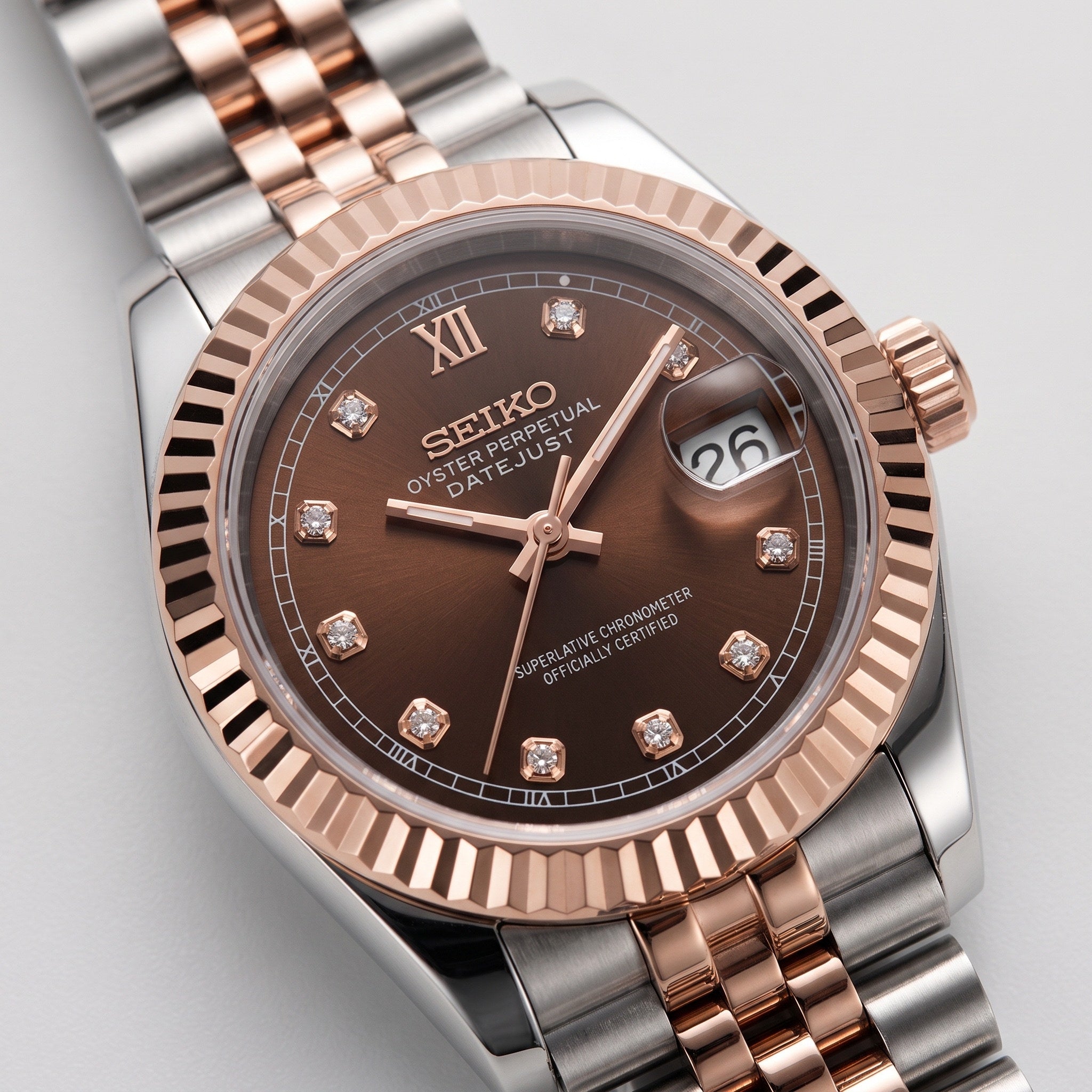 Lady Mod – Two-Tone Rose Gold · Brown Diamond Dial – 28mm – Automatic – dial detail