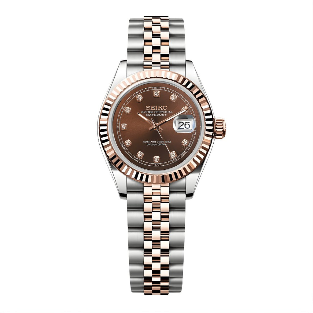 Lady Mod – Two-Tone Rose Gold · Brown Diamond Dial – 28mm – Automatic — with Seiko logo