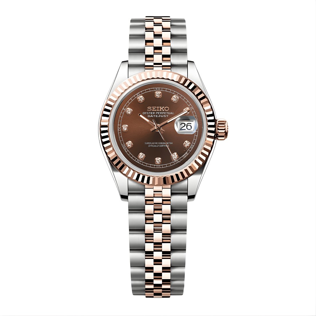 Lady Mod – Two-Tone Rose Gold · Brown Diamond Dial – 28mm – Automatic — with Seiko logo