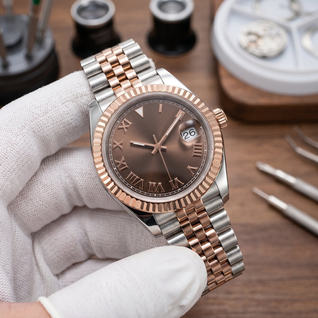 Lady Mod – Two-Tone Rose Gold · Brown Roman Dial – 28mm – Automatic - close-up detail