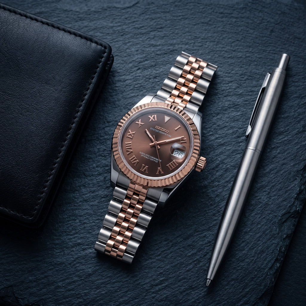 Lady Mod – Two-Tone Rose Gold · Brown Roman Dial – 28mm – Automatic – lifestyle flat lay