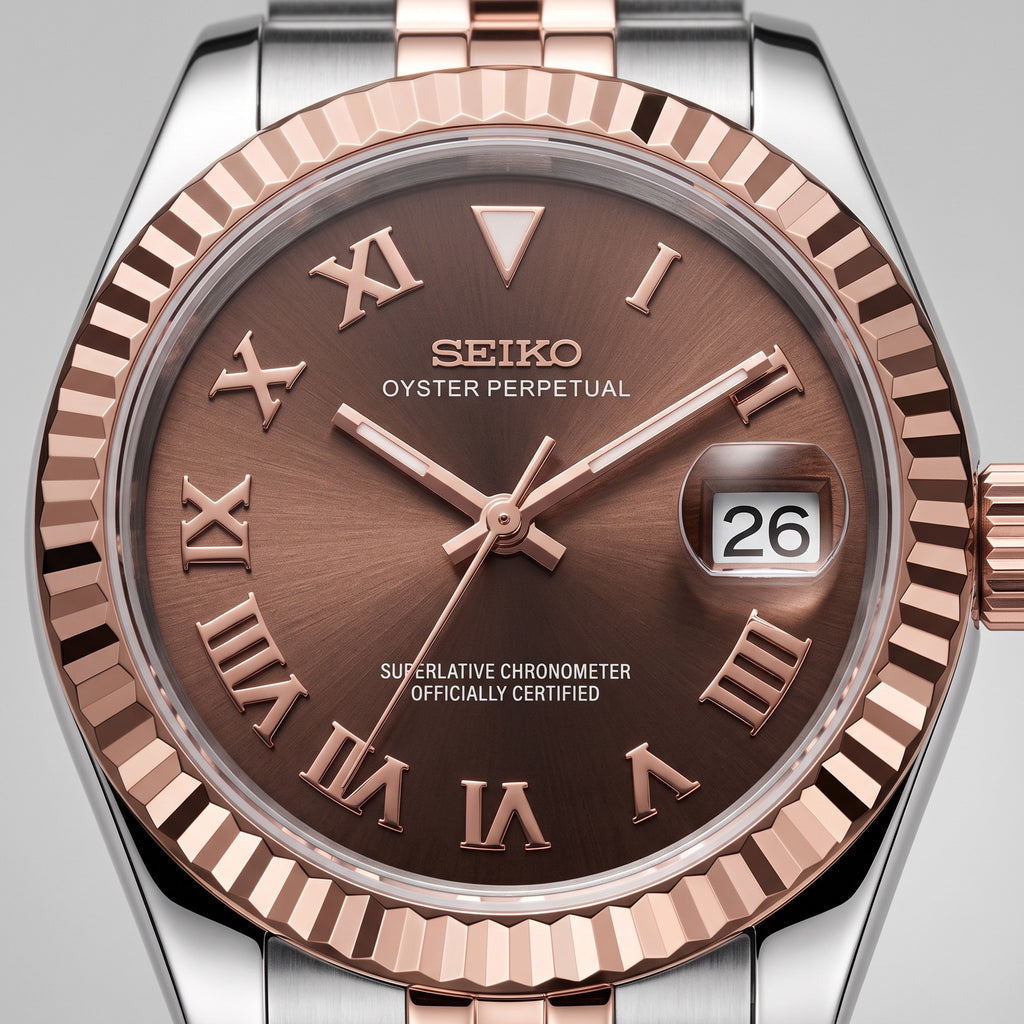 Lady Mod – Two-Tone Rose Gold · Brown Roman Dial – 28mm – Automatic – dial detail