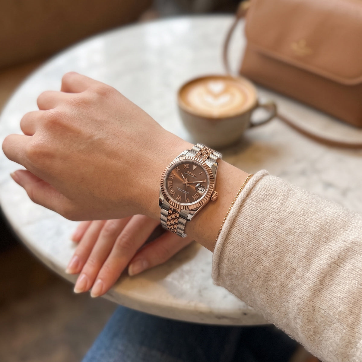 Lady Mod – Two-Tone Rose Gold · Brown Roman Dial – 28mm – Automatic – on-wrist view