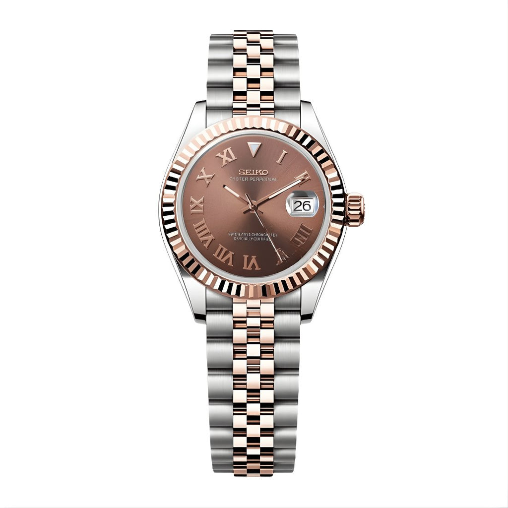 Lady Mod – Two-Tone Rose Gold · Brown Roman Dial – 28mm – Automatic — with Seiko logo