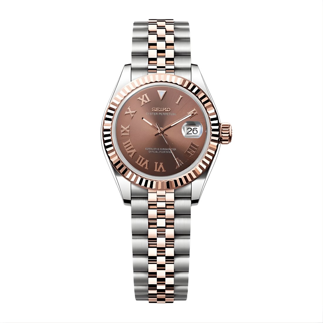 Lady Mod – Two-Tone Rose Gold · Brown Roman Dial – 28mm – Automatic — with Seiko logo