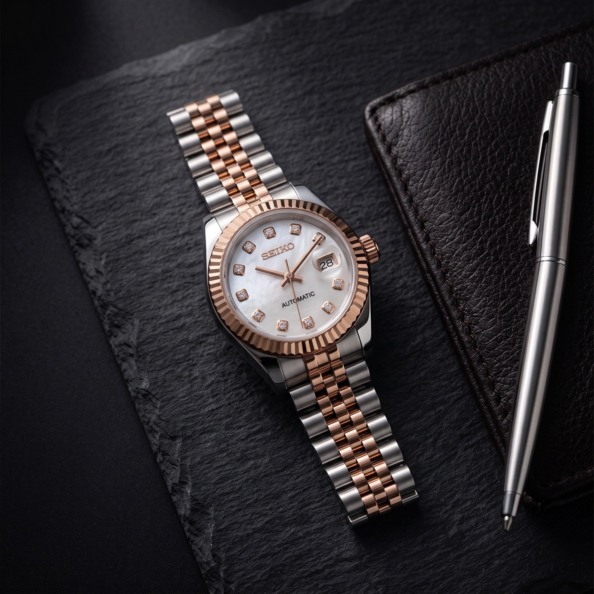 Lady Mod – Two-Tone Rose Gold · White MOP Dial – 28mm – Automatic – lifestyle flat lay