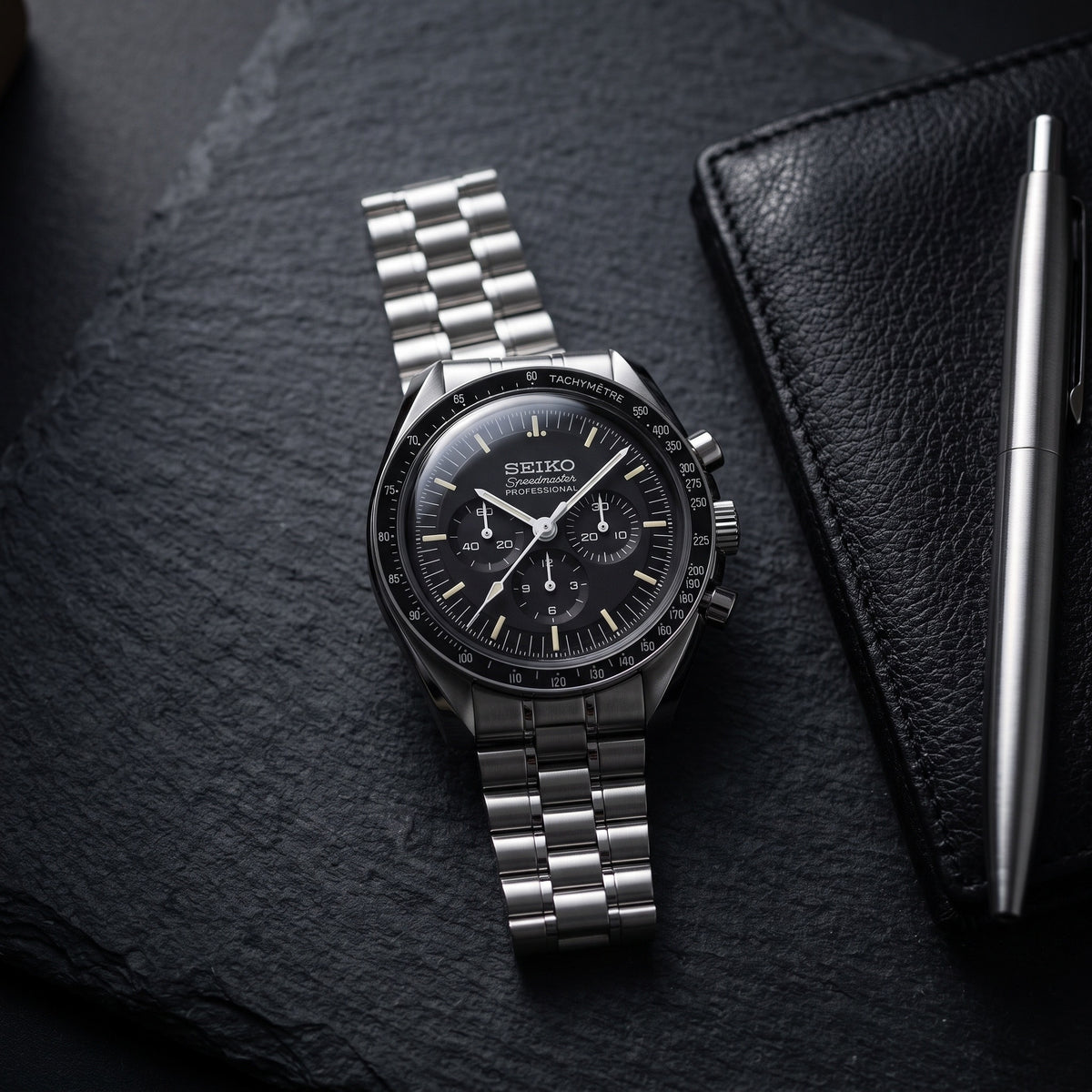 Moon Mod – Black Chronograph · Steel – 42mm – Chronograph – lifestyle flat lay