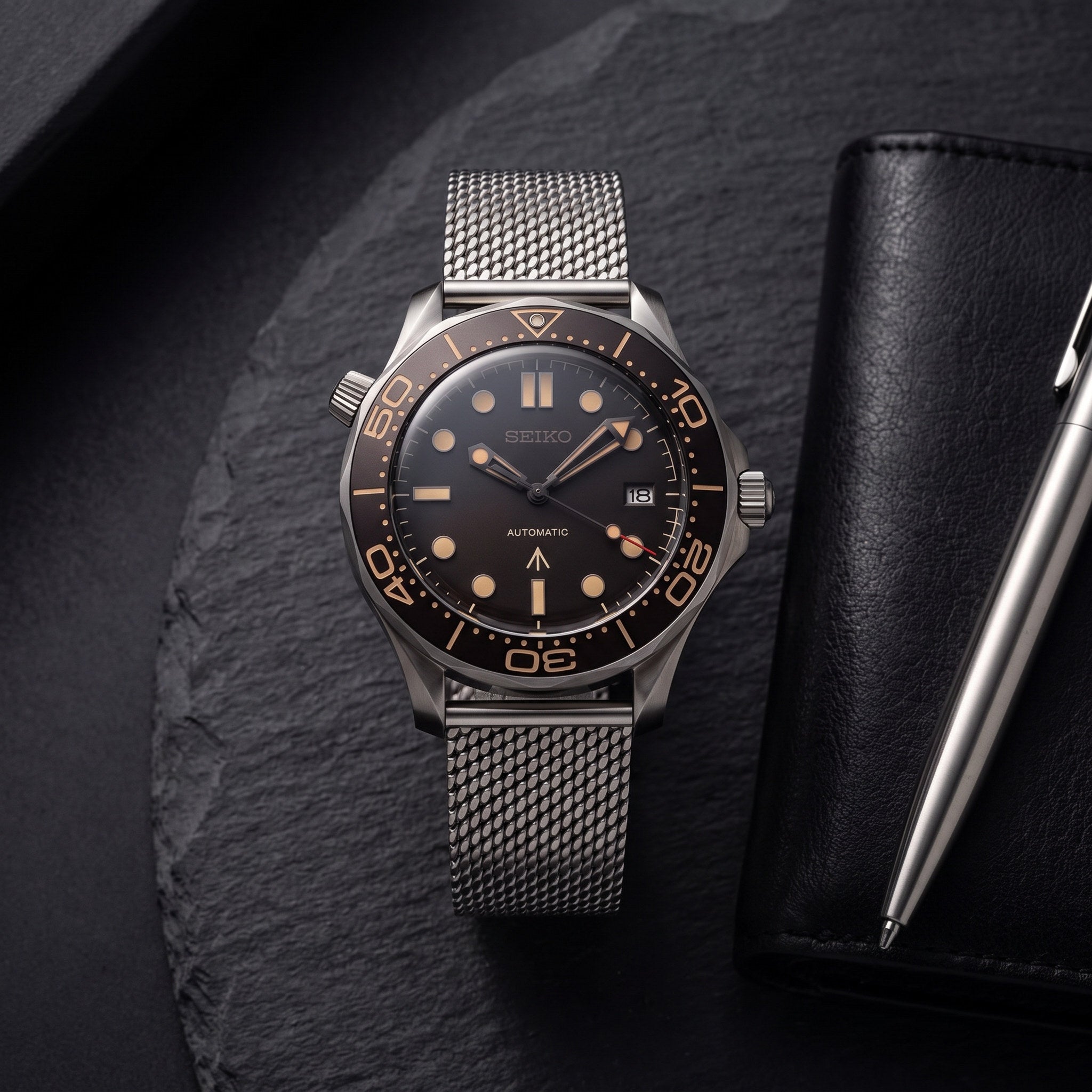 Moon Mod – Brown Gradient Diver · Mesh – 42mm – Automatic – lifestyle flat lay