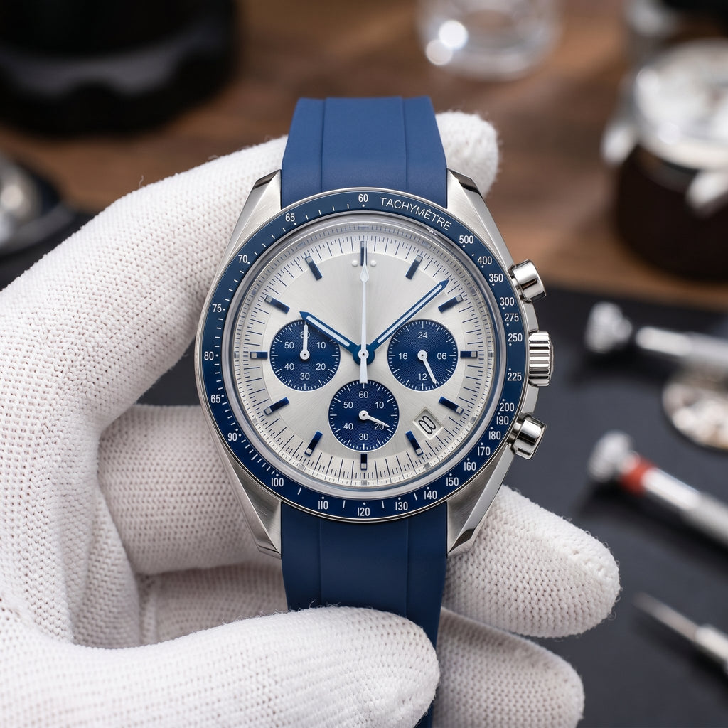 Moon Mod – Silver-Blue Chronograph · Blue Strap – 42mm – Chronograph - close-up detail