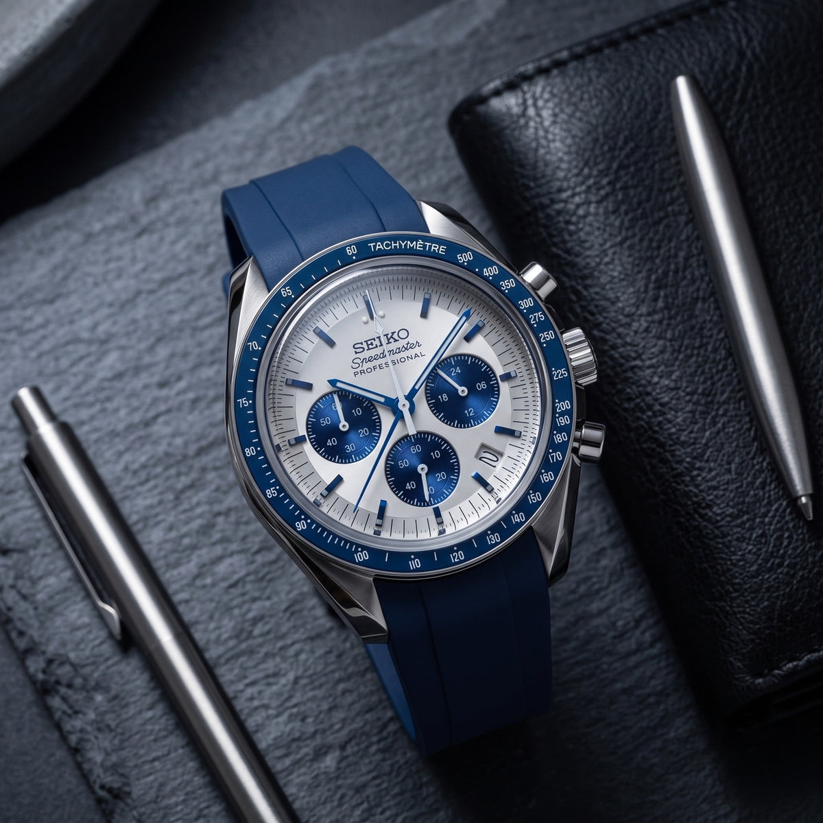 Moon Mod – Silver-Blue Chronograph · Blue Strap – 42mm – Chronograph – lifestyle flat lay