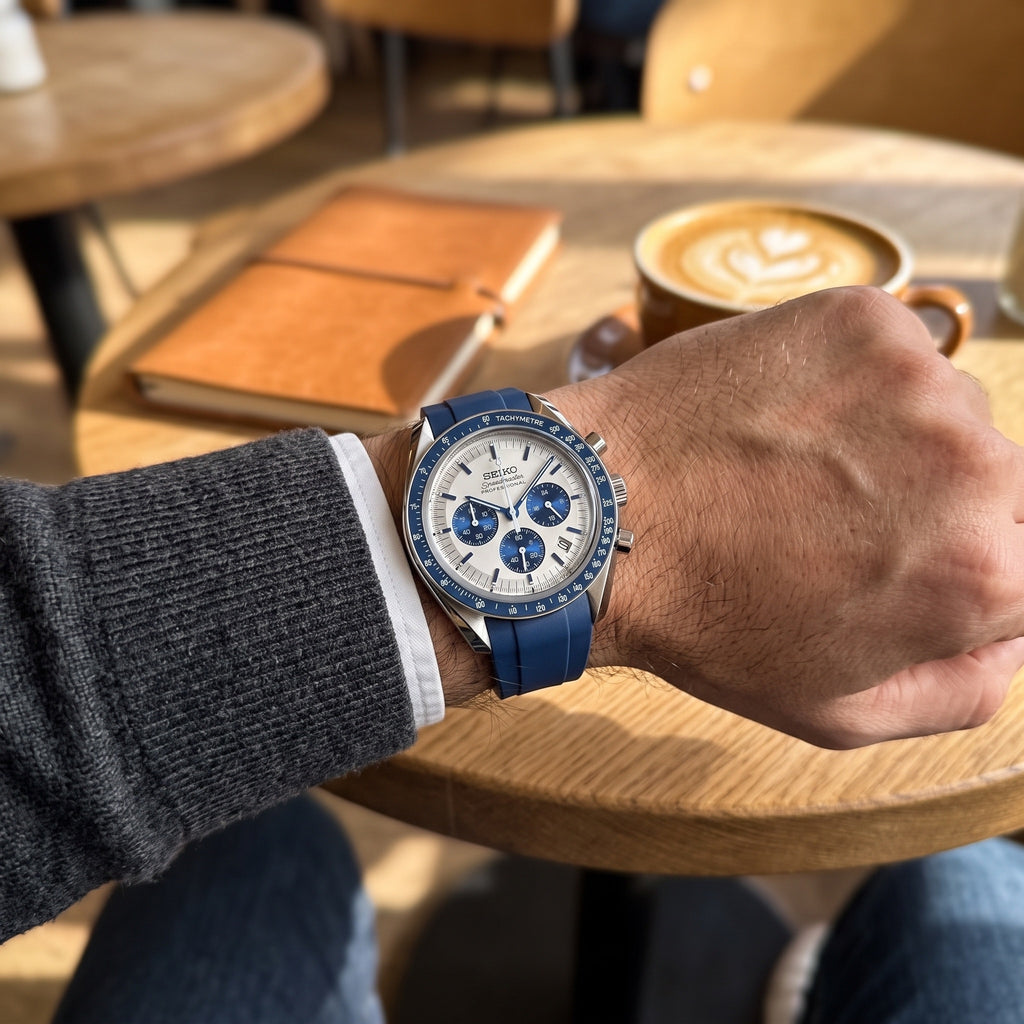 Moon Mod – Silver-Blue Chronograph · Blue Strap – 42mm – Chronograph – on-wrist view