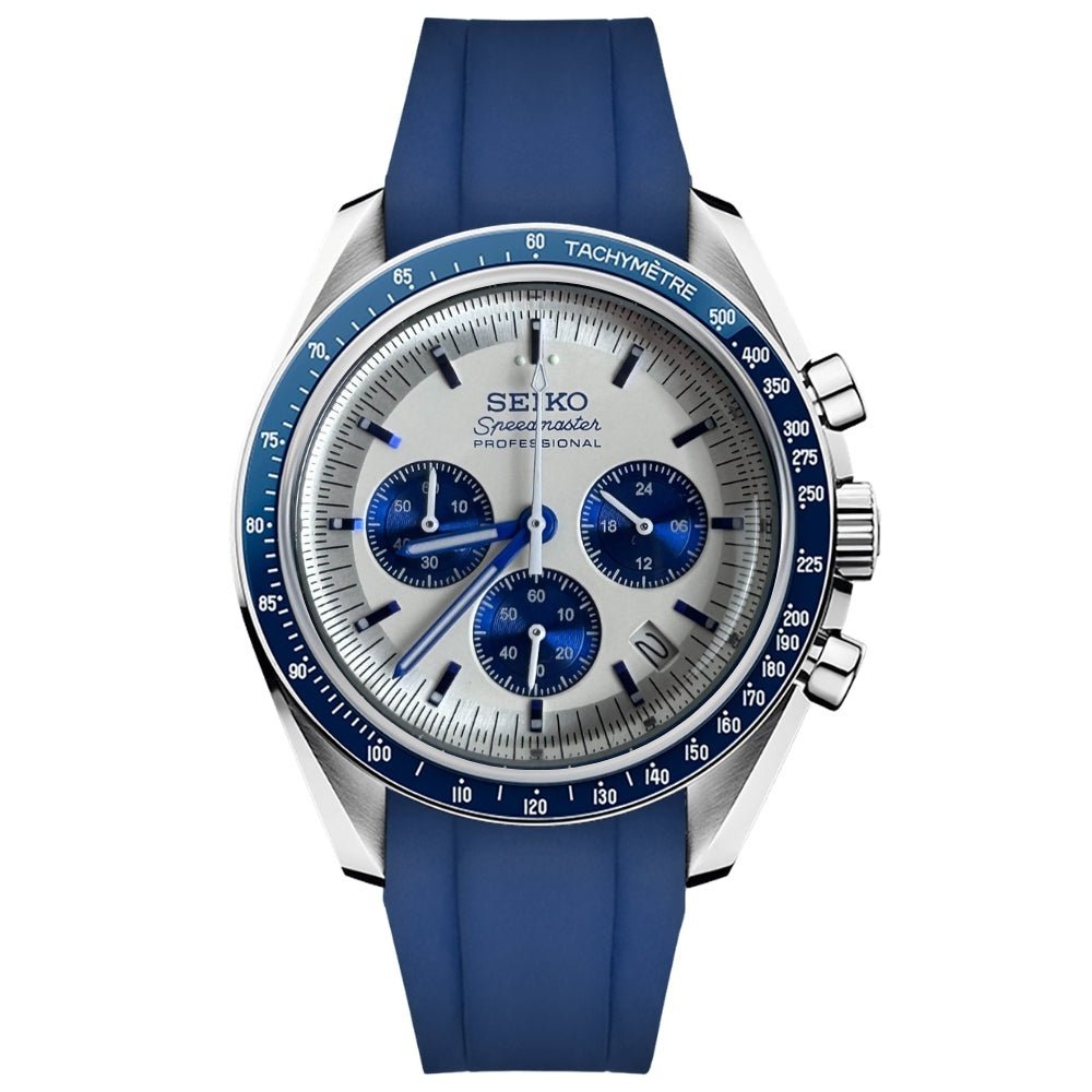Moon Mod – Silver-Blue Chronograph · Blue Strap – 42mm – Chronograph — with Seiko logo
