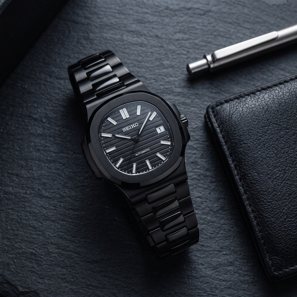 Naut Mod – Black PVD · Black Dial · Rubber – 41mm – Automatic – lifestyle flat lay