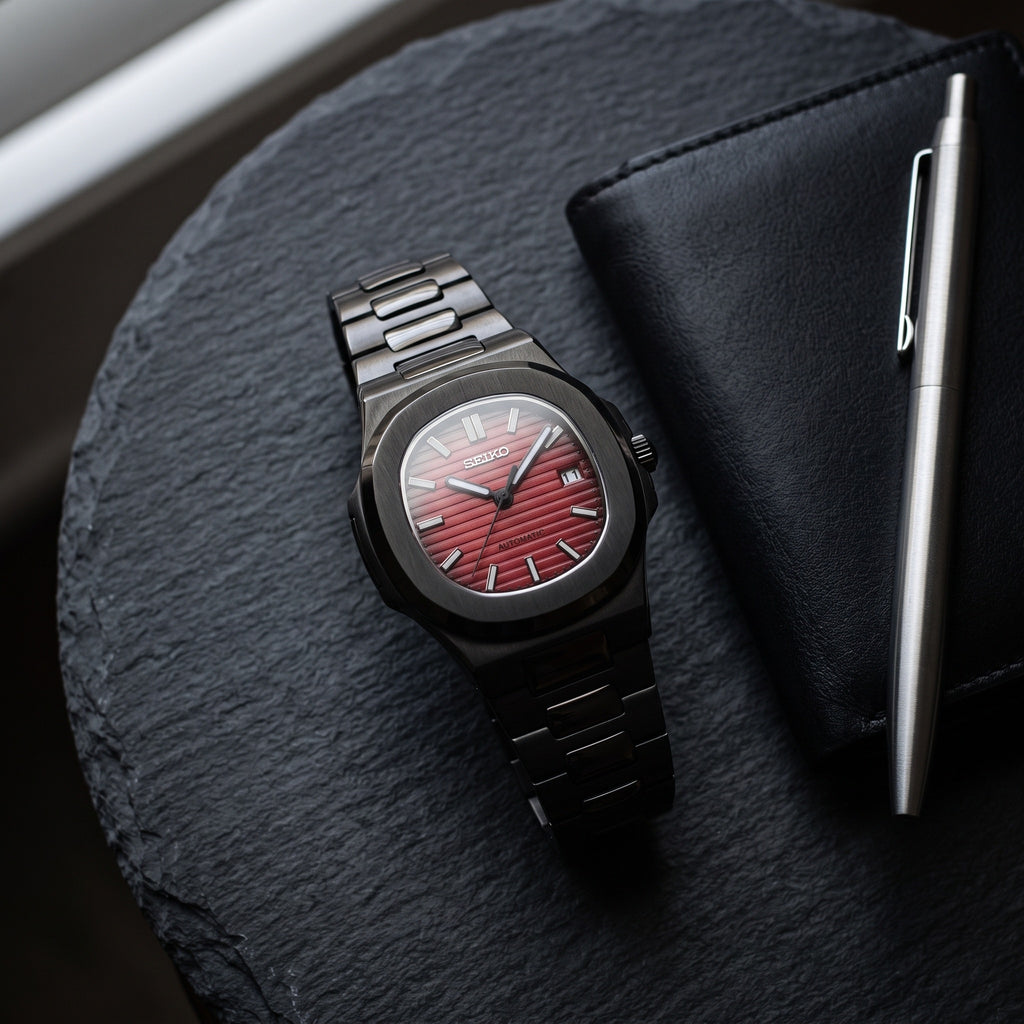 Naut Mod – Black PVD · Red Dial · Rubber – 41mm – Automatic – lifestyle flat lay