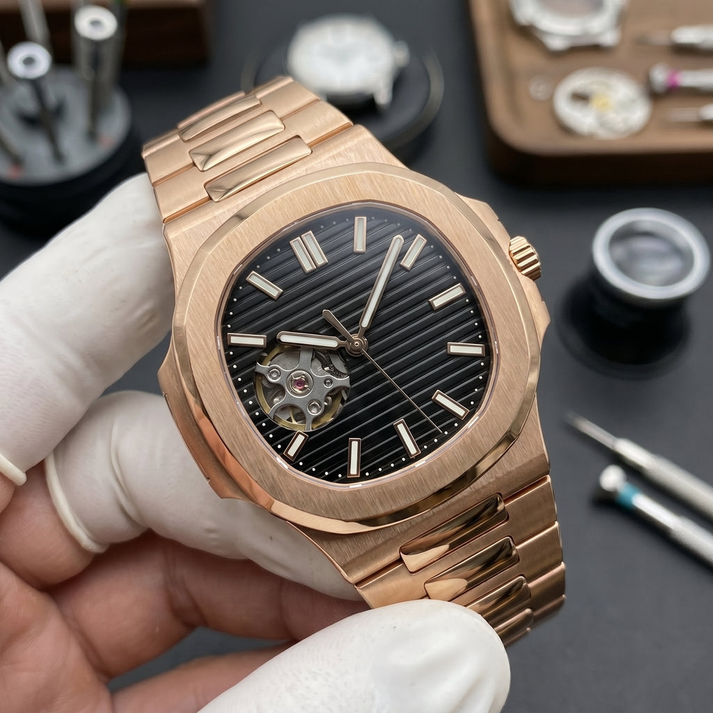 Naut Mod – Rose Gold · Black Open-Heart Dial – 41mm – Automatic - close-up detail